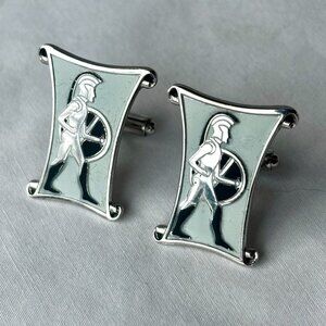 Vintage SWANK Silver Tone Light Blue Enamel Spartan Gladiator Cufflinks